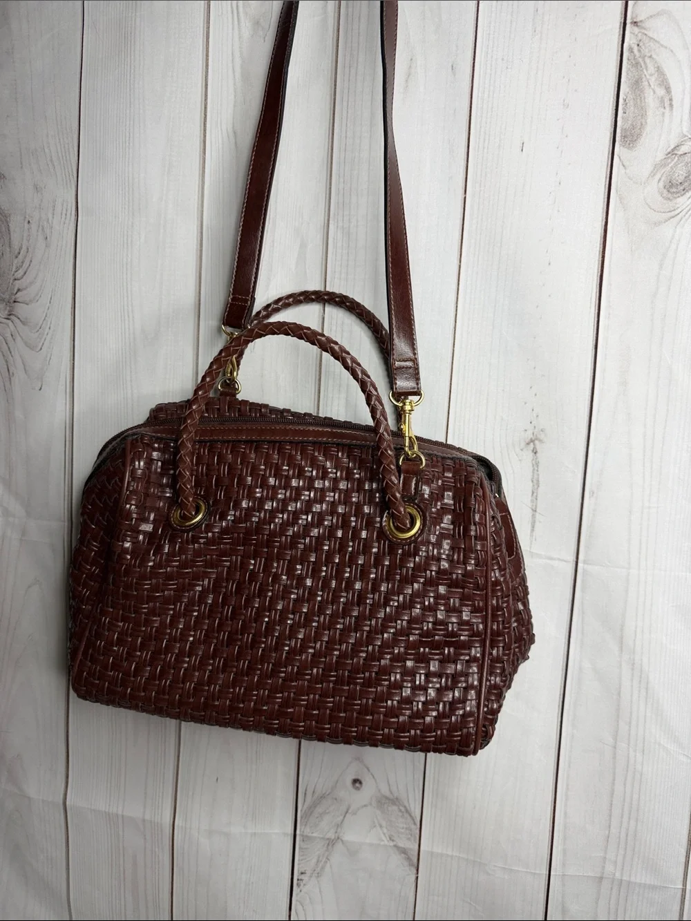 Marlo Woven Satchel Bag in Dark Brown
